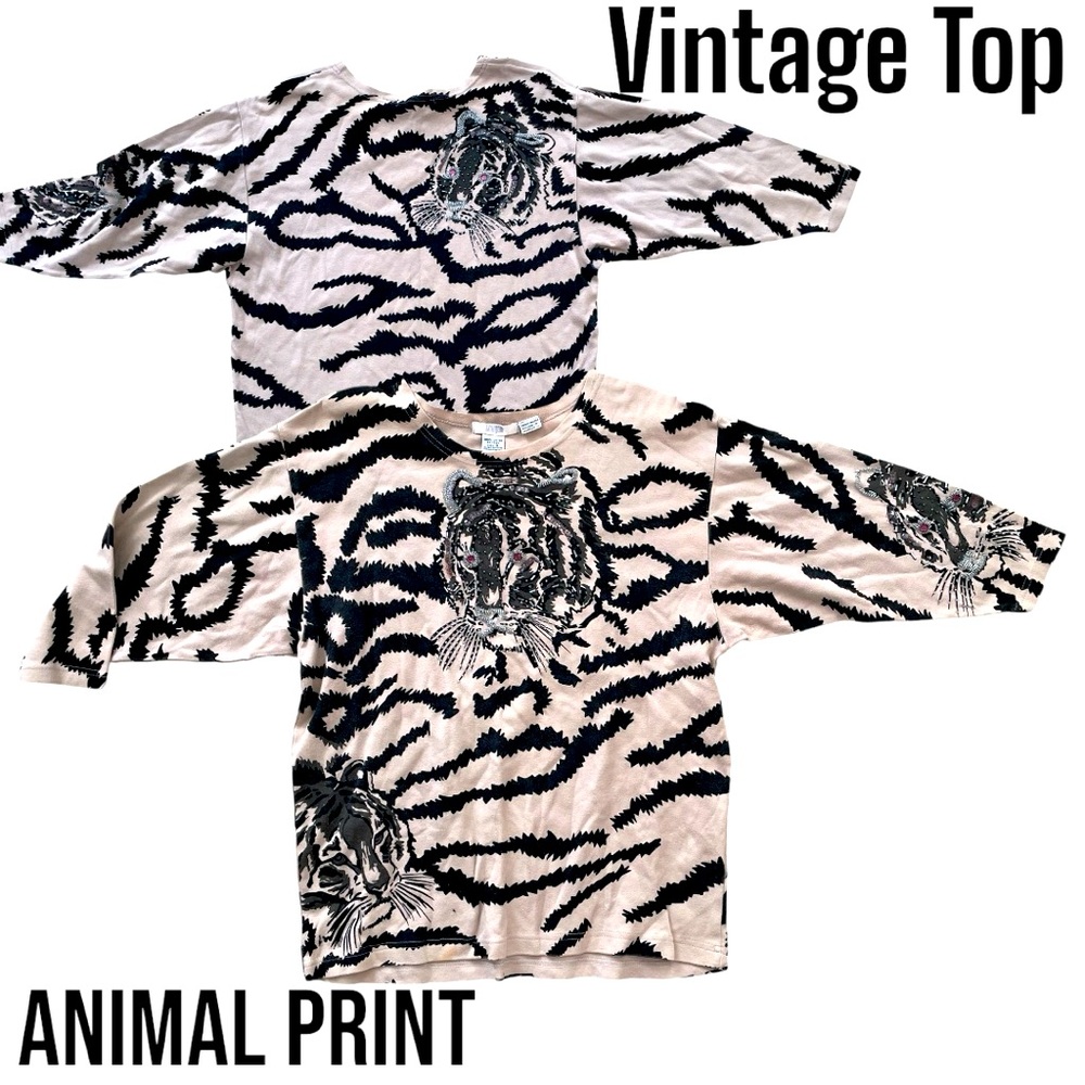 Tan & black tiger print Vintage top w/ beadwork sz S/M